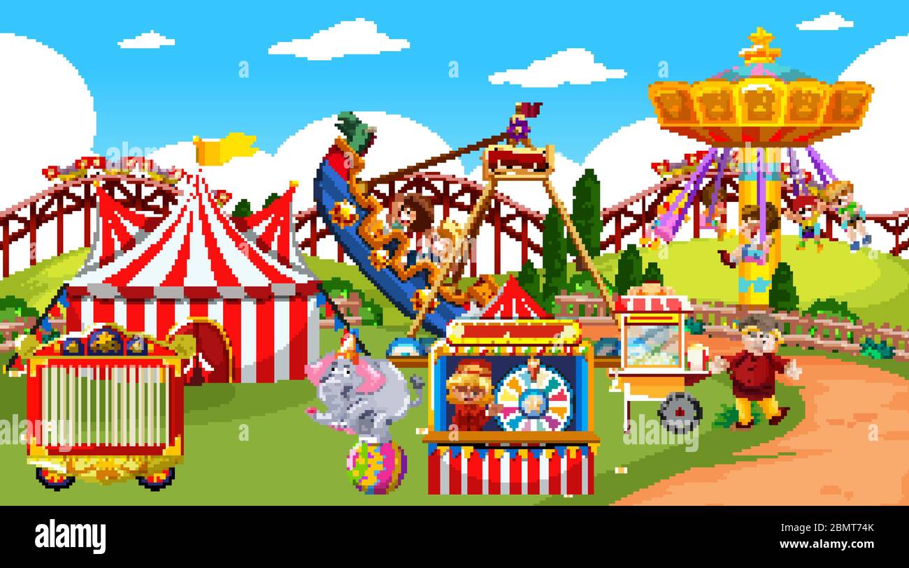Themepark scene with many rides and happy children illustration Stock ...