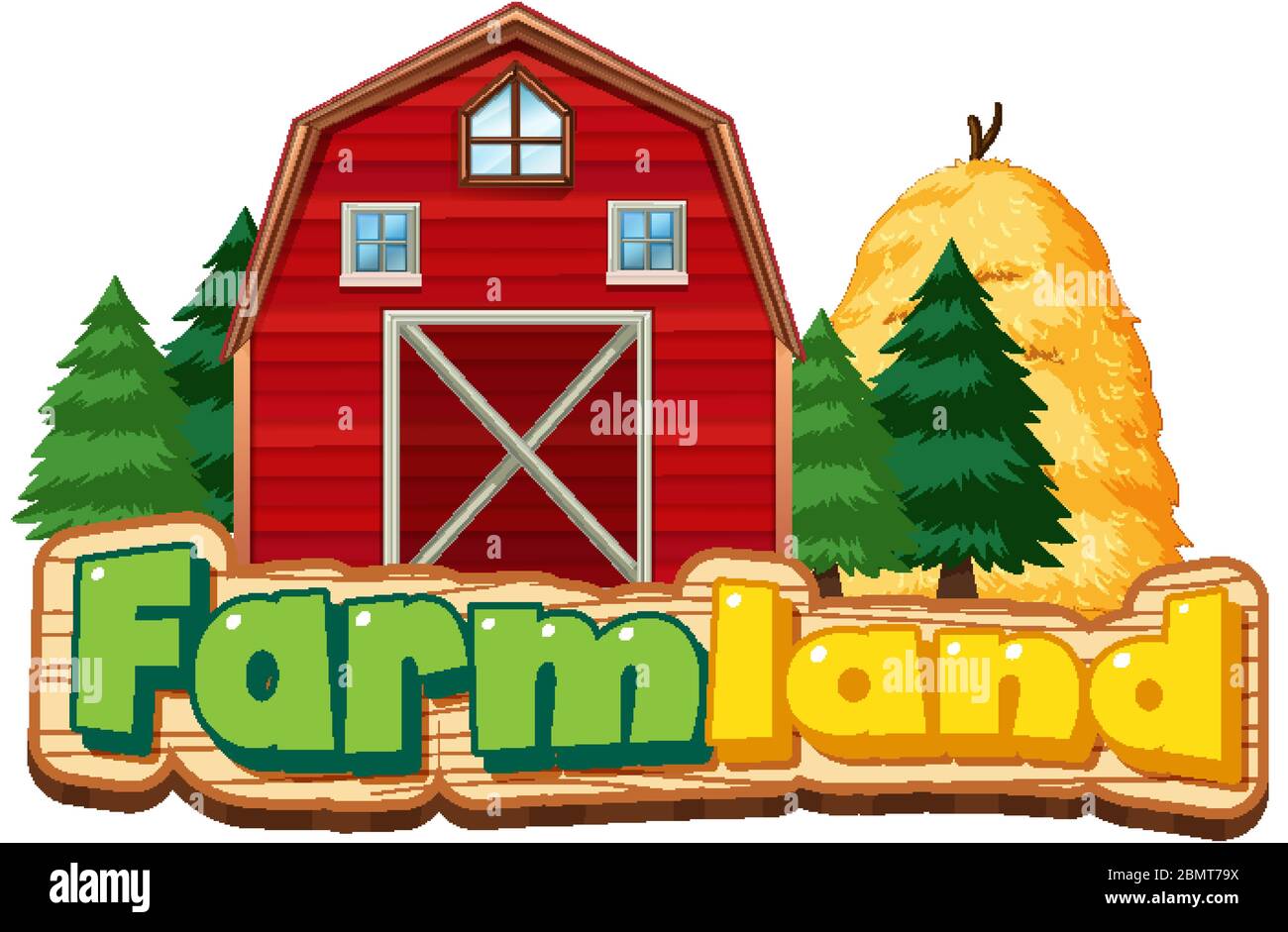 Farmland sign with red barn and haystack illustration Stock Vector