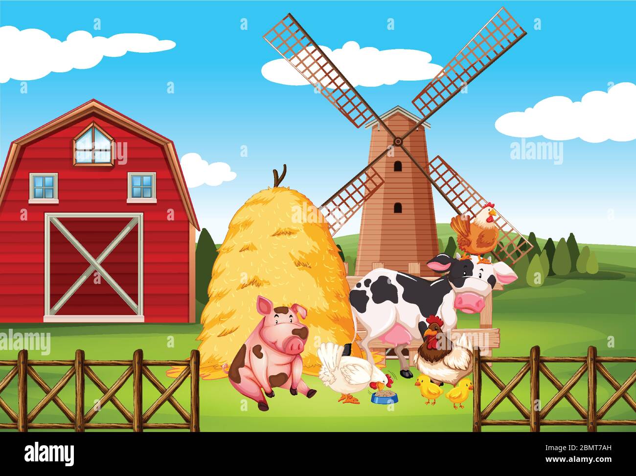 Farm scene with many animals on the farm illustration Stock Vector ...