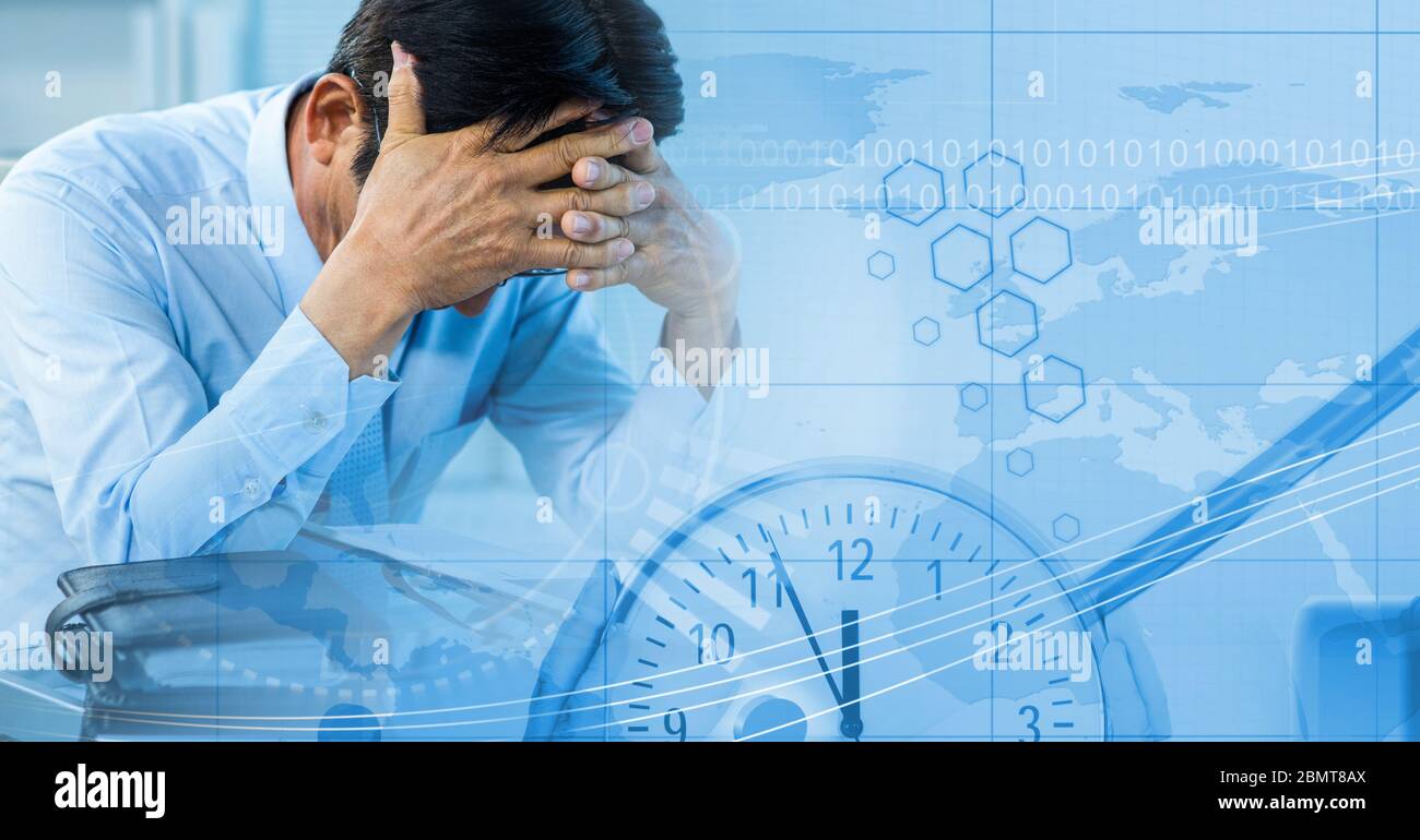 Caucasian male looking tired over a clock moving in a blue background Stock Photo