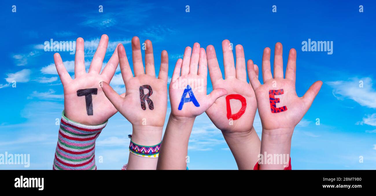 Trade Hands Sign Children Hands Building Word Trade, Blue Sky Stock Photo - Alamy