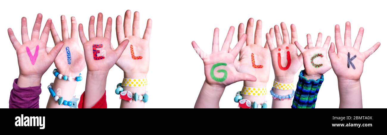 Kids Hands Holding Word Viel Glueck Means Good Luck, Isolated 