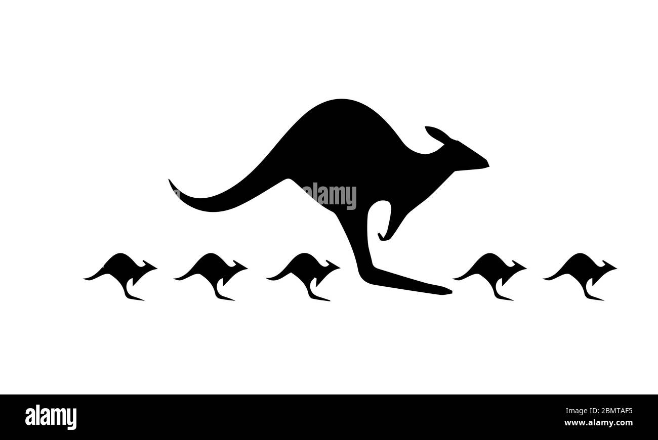 Kangaroo And Cubs Silhouette White Background Stock Photo