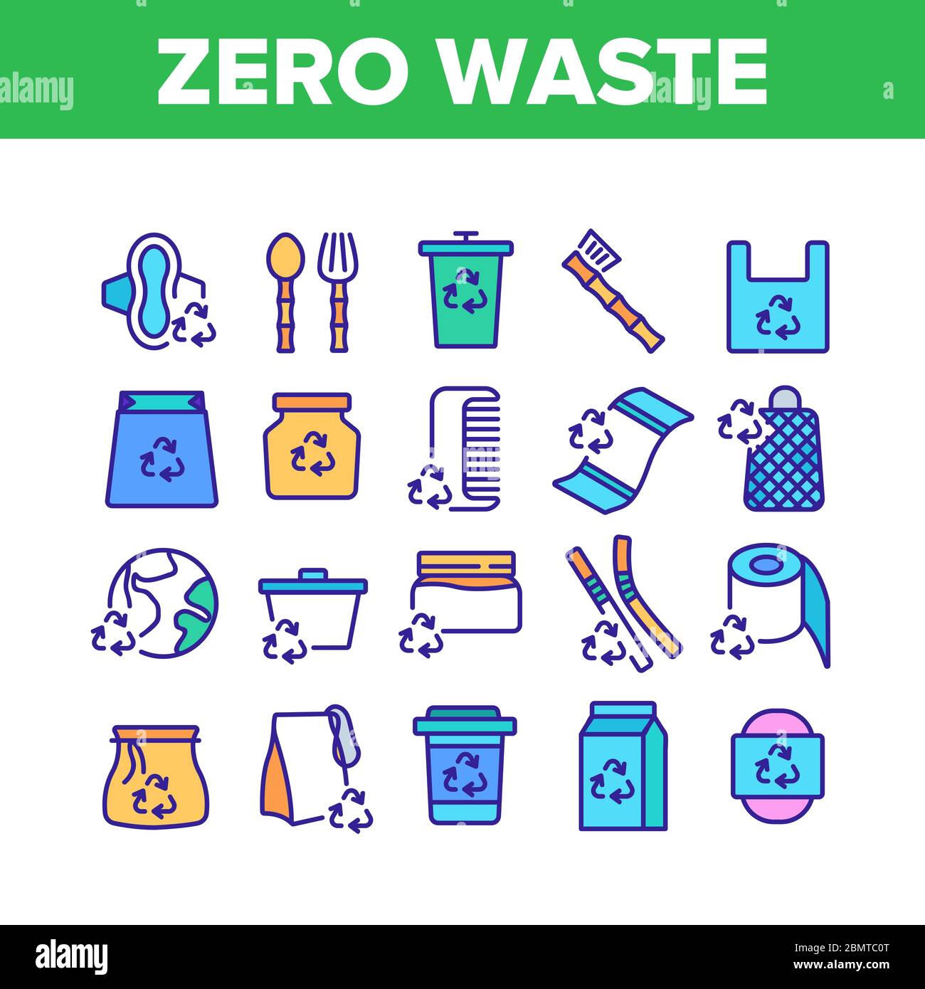 Zero Waste Reusable Collection Icons Set Vector Stock Vector Image ...