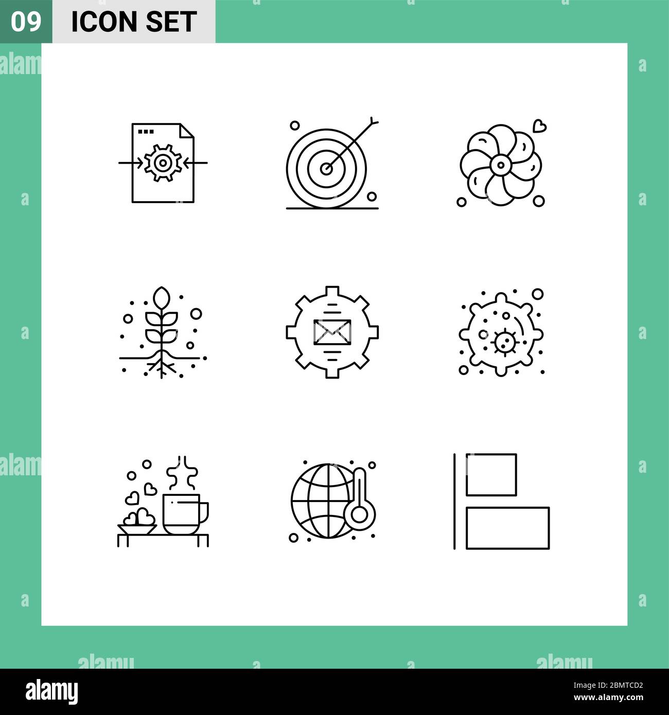 Pictogram Set of 9 Simple Outlines of email, communication, target, roots, plant Editable Vector Design Elements Stock Vector