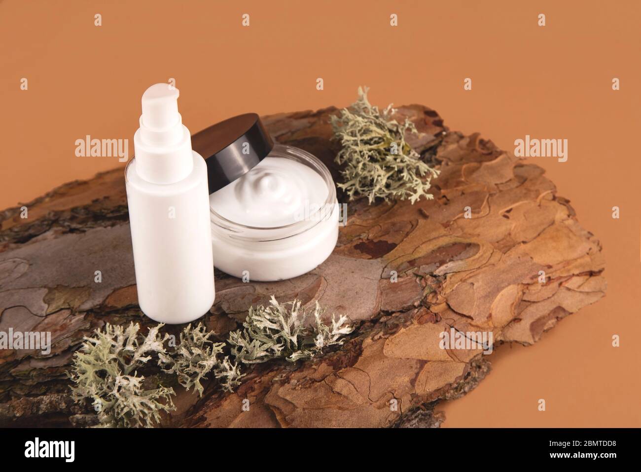 Cream for the face on the bark of a tree. Natural care concept Stock