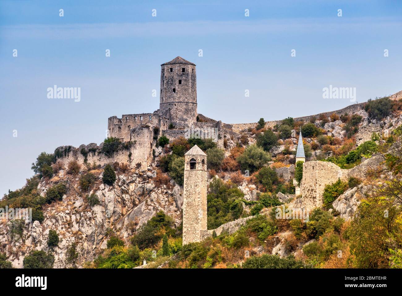 Kula, medieval and Ottoman fort, Sahat Kula bell tower over village of Pocitelj, Herzegovina-Neretva Canton, Bosnia and Herzegovina Stock Photo
