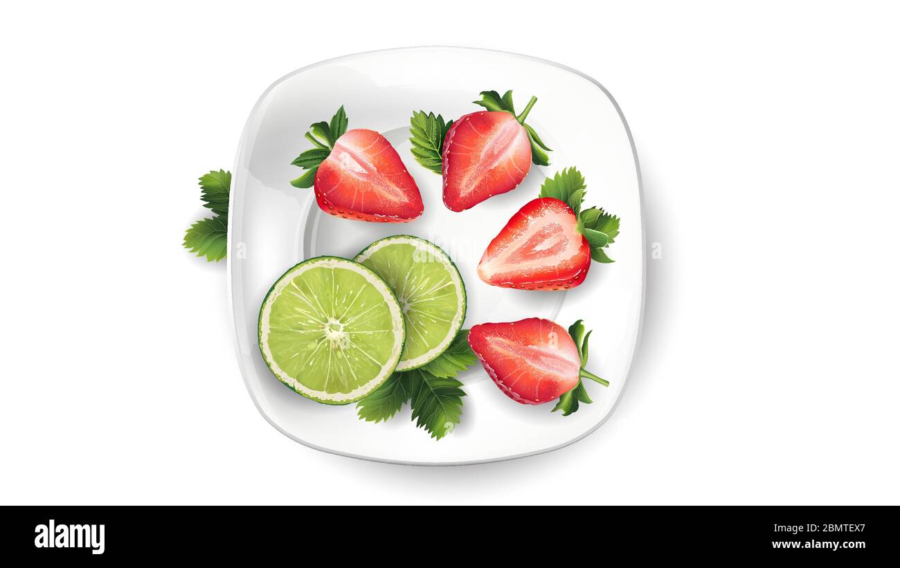 Still life of fruit: lime and strawberries on a white plate. Stock Vector