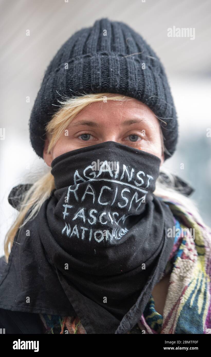 Ulm Germany 11th May 2020 An Activist Protests In Front Of The Granary Against Racism Fascism And Nationalism A Trial Is Taking Place There After An Arson Attack On A Roma Family