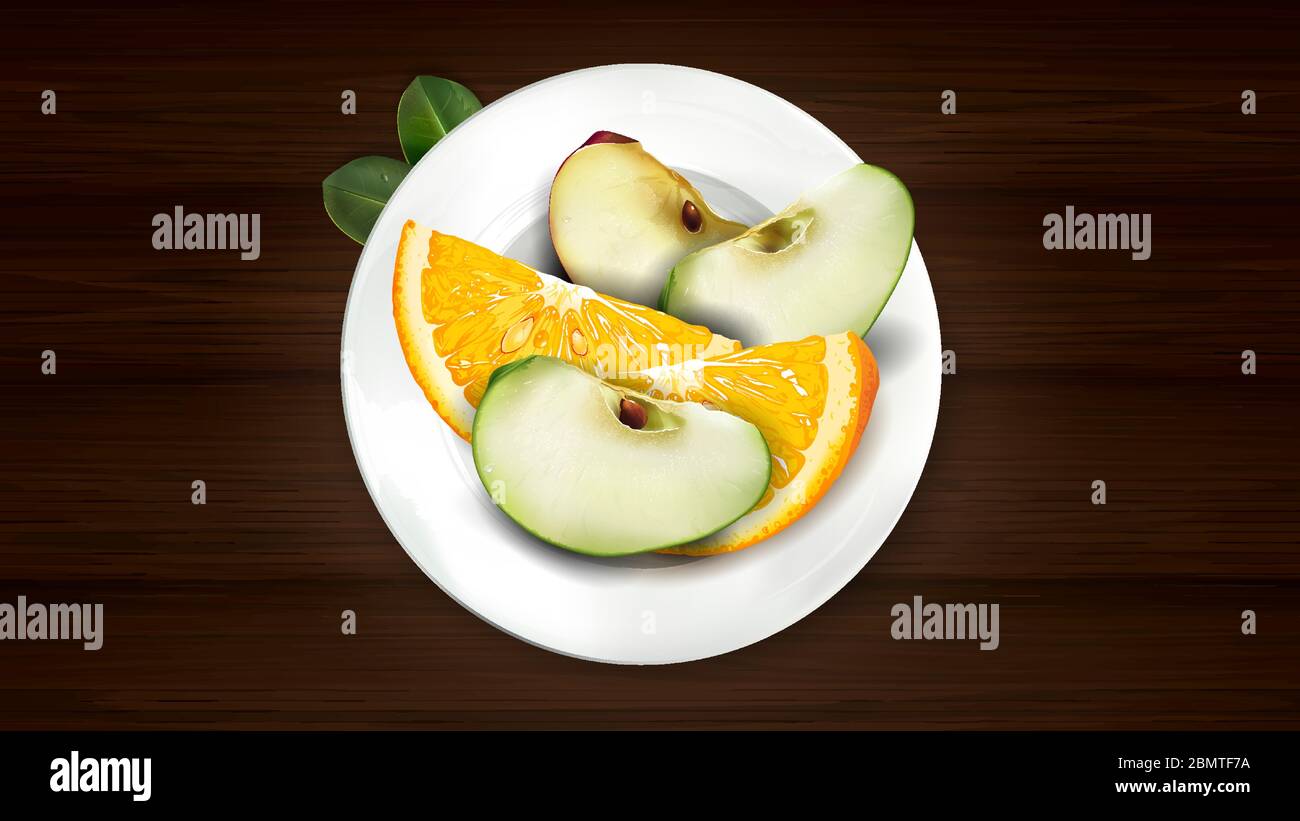 Sliced orange and apple on a white plate. Stock Vector