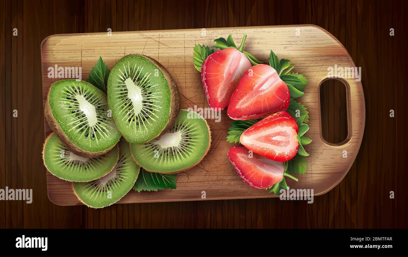 Chopped kiwi and strawberries on a cutting board. Stock Vector