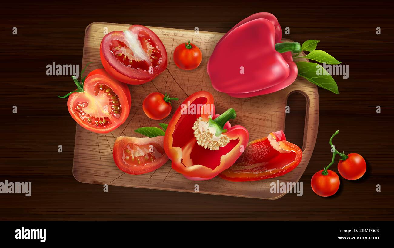 Still life of pepper and tomato on the board. Stock Vector