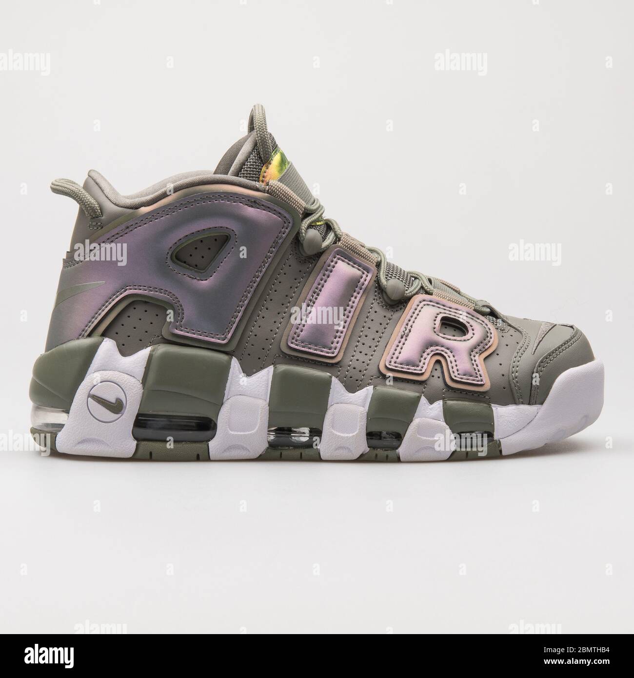 VIENNA, AUSTRIA - JANUARY 12, 2018: Nike Air More Uptempo olive green and  purple sneaker on white background Stock Photo - Alamy