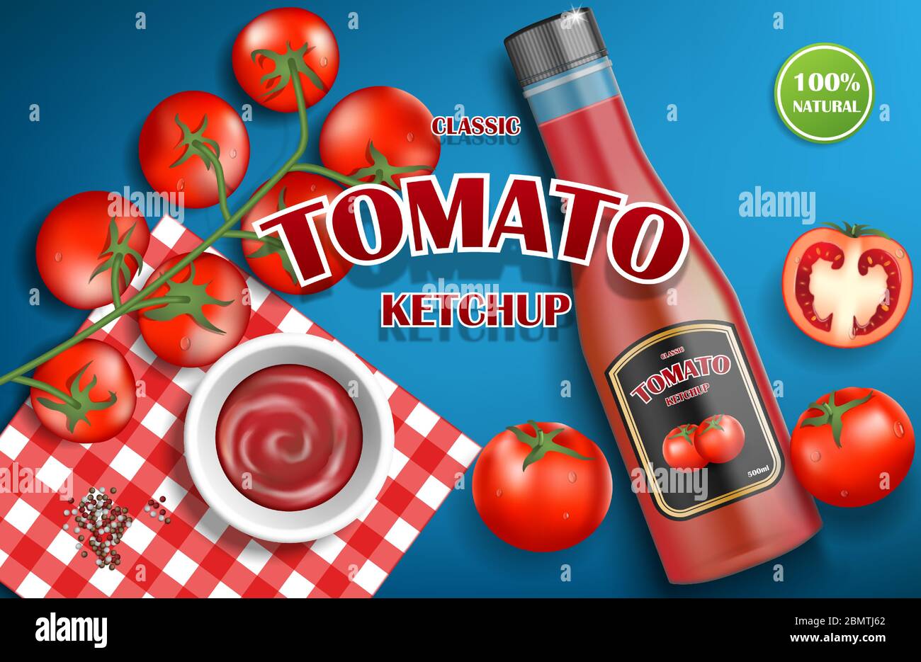 Tomato ketchup advertising for your design. Realistic ketchup sauce bottle with fresh tomatoes on blue background. 3d vector illustration Stock Vector