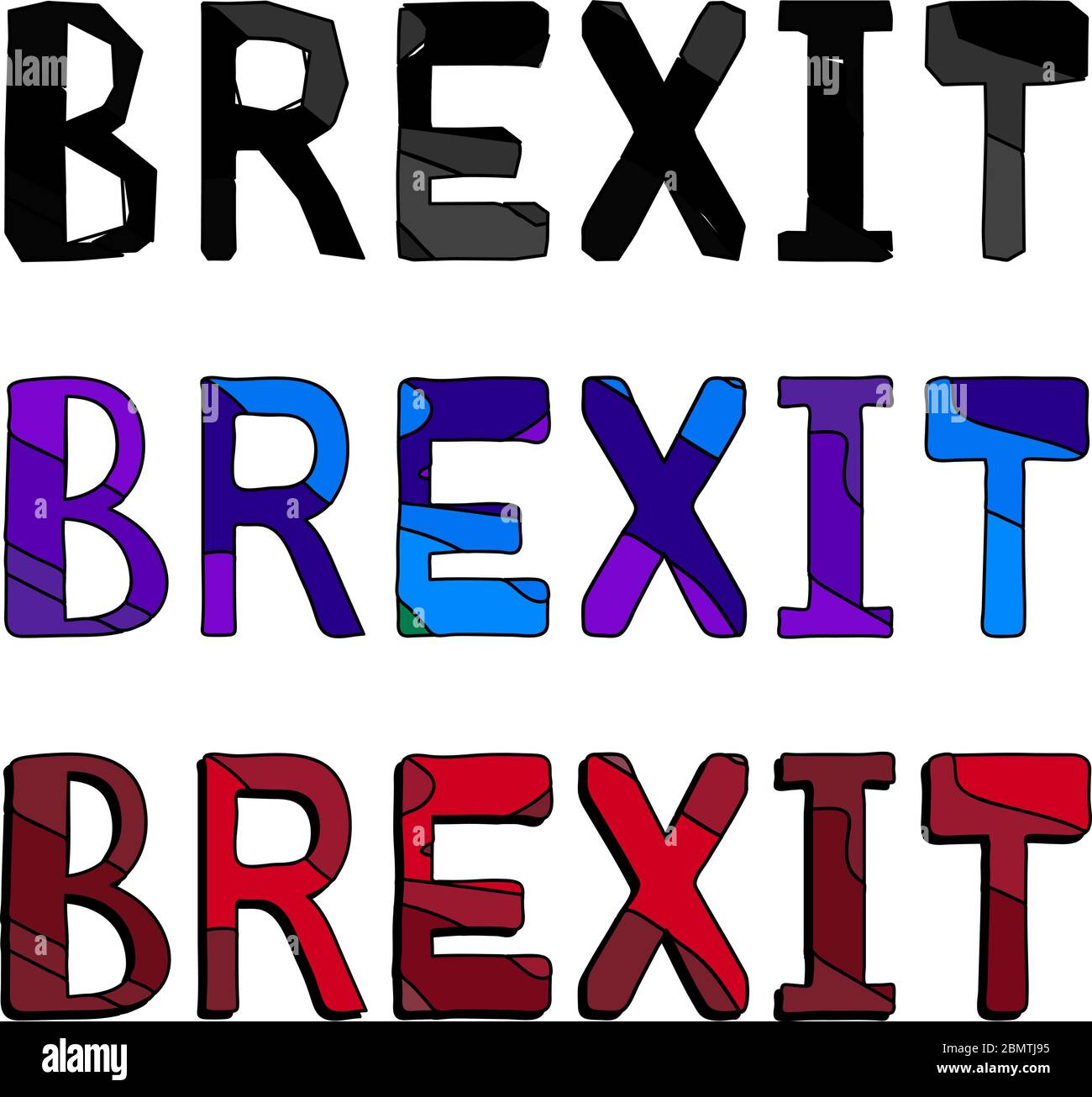 Brexit - inscriptions. Set 3 in 1, contrast letters, isolate. Monochrome coloring, blue and purple shades, gradations of red with a shadow. Stock Vector