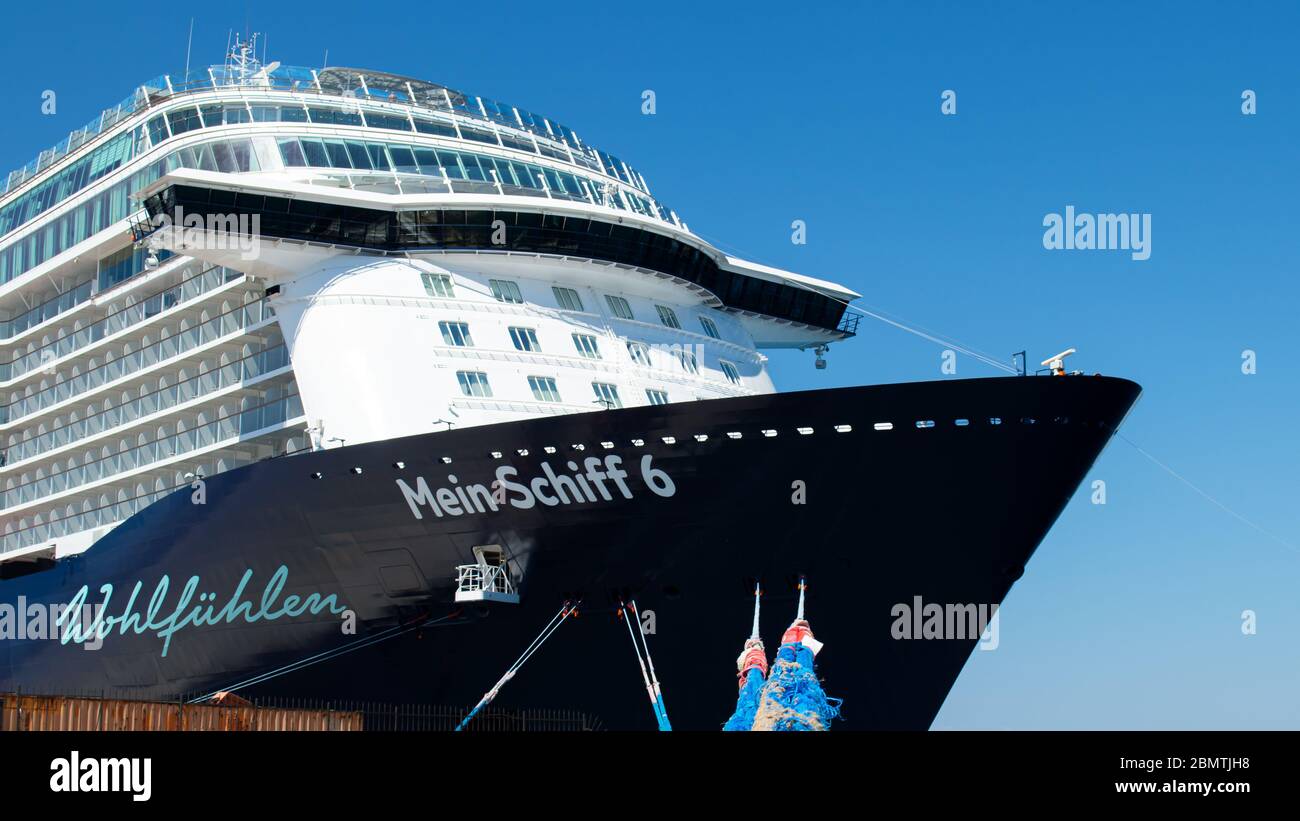 Rhodes, Greece - July 3, 2019 - Side view of the cruise ship of the TUI Cruises shipping company named 'Mein Schiff 6' moored in the port of Rhodes, G Stock Photo