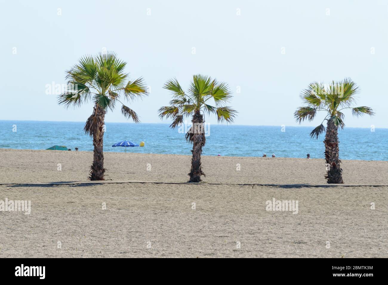 Three Palms oasis on the beach of Roquetas de Mar. August 14, 2019. Roquetas de Mar Almeria. Spain. Travel Tourism Holidays Stock Photo