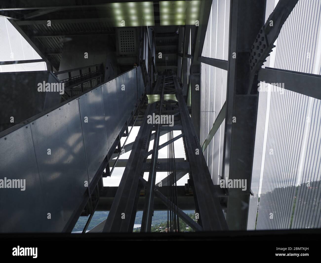 In metal construction of ski jump elevator in Holmenkollen near