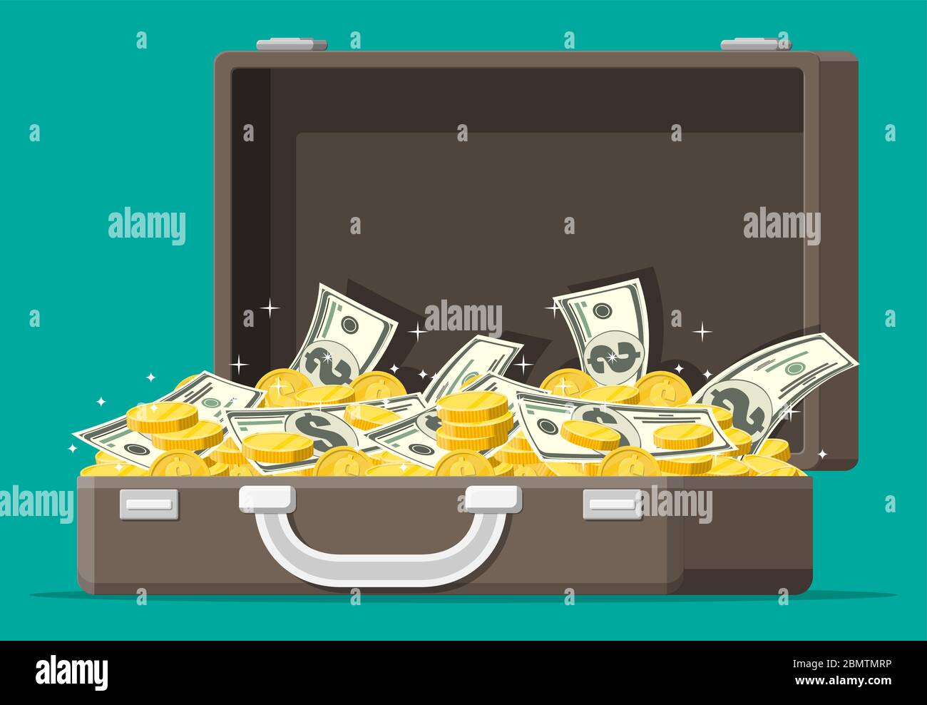 Open leather suitcase full of money. Stacks of dollar banknotes and