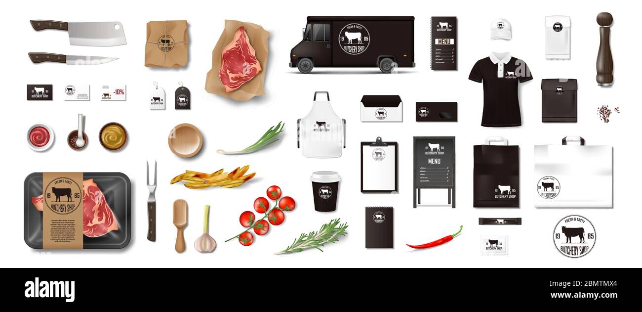 Variety of food in the butcher shop. Restaurant Brand Identity mockup set isolated. Branding packaging elements for meat shop, cafe or steak house Stock Vector