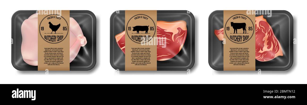 Relistic meat packaging of beef, pork and chicken. Set of supermarket meat package isolated on white. Beef and pork steak. vector illustration Stock Vector