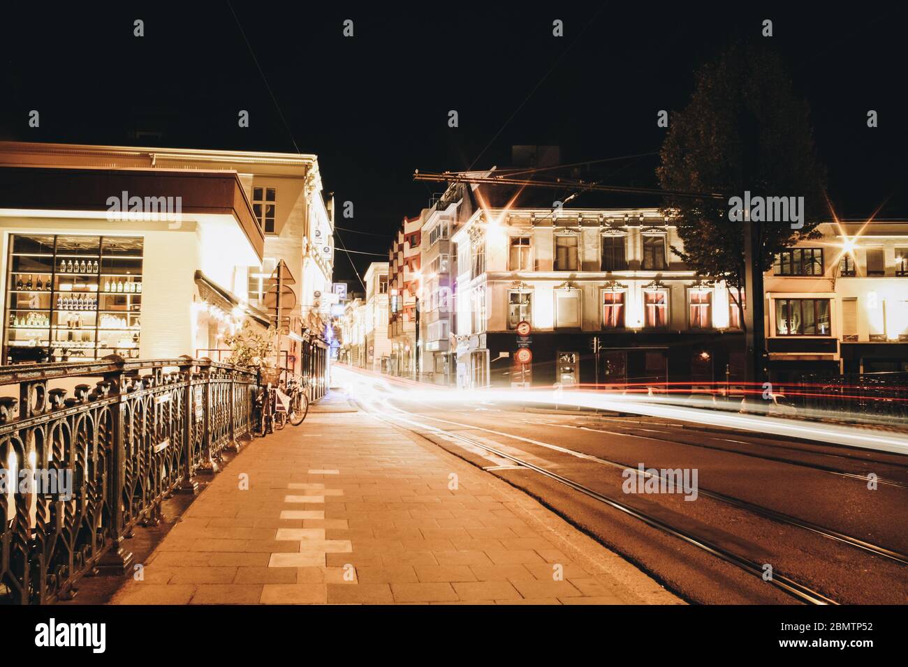 Long time exposure of a tram in Ghent Stock Photo