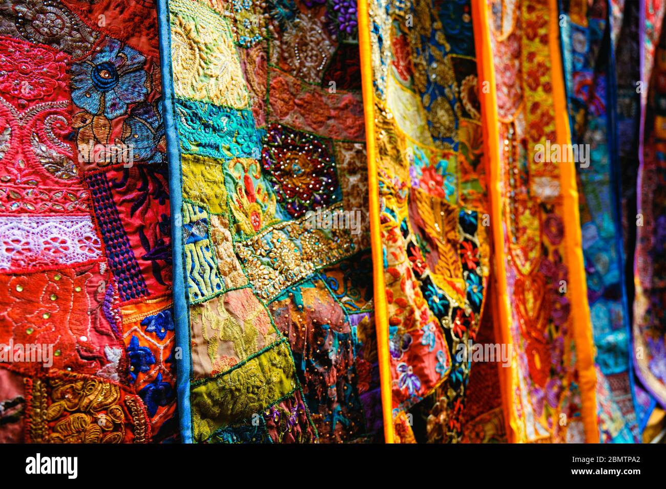 Indian fabric with Indian patterns close up. Stock Photo