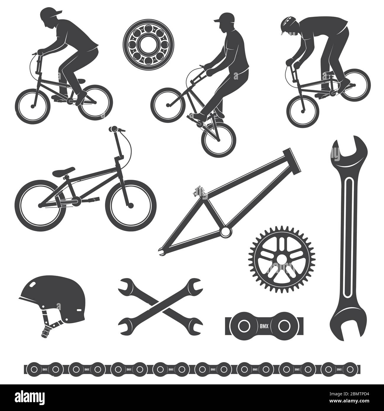 Set of bmx cyclist and bicycle equipment icon. Vector illustration. Set  include bmx cyclist performing a trick and equipment silhouette isolated on  the white background Stock Vector Image & Art - Alamy