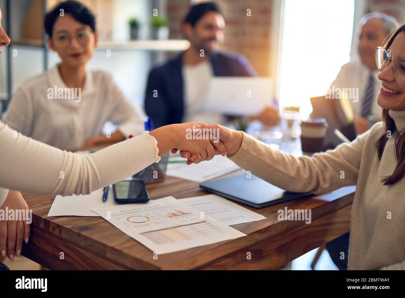 Working Smiling Group of business workers smiling happy and confident. Working together ...