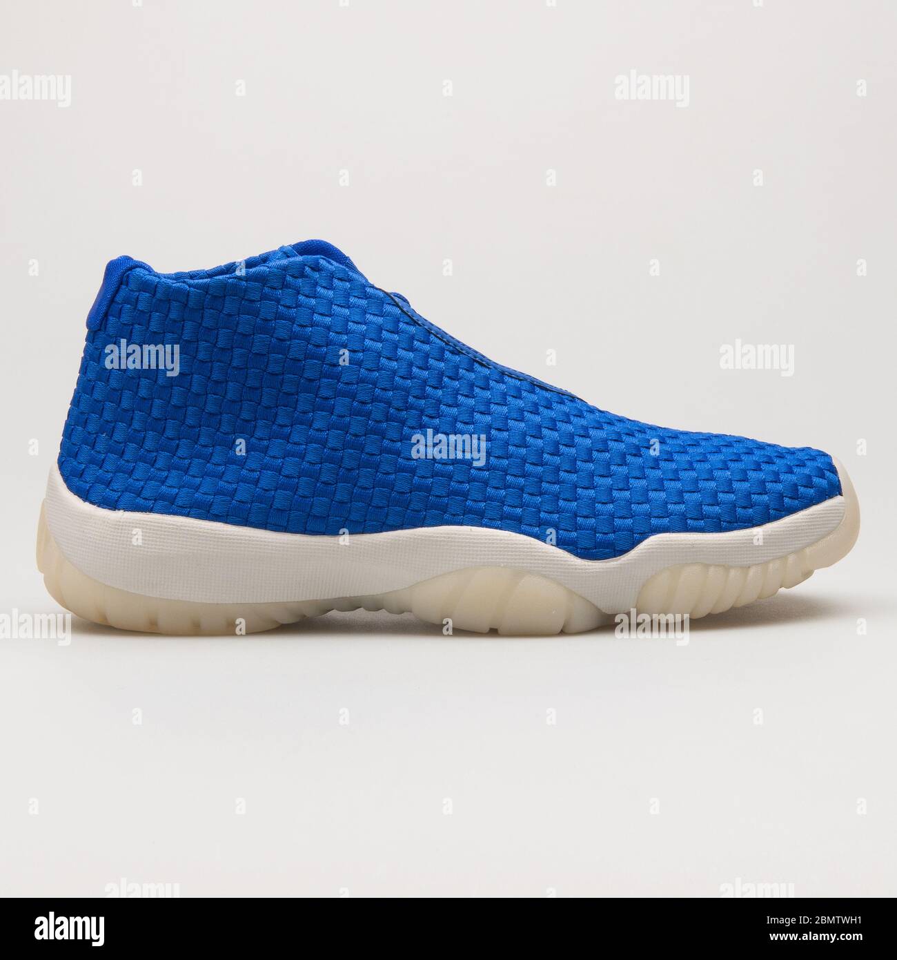 VIENNA, AUSTRIA - JUNE 14, 2018: Nike Air Jordan Future hyper blue sneaker on white background. Stock Photo