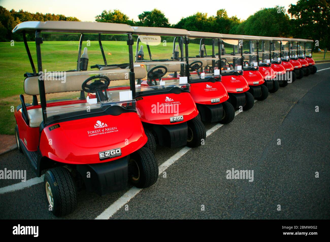 Golf Buggies (carts) in a line ready to go. Stock Photo