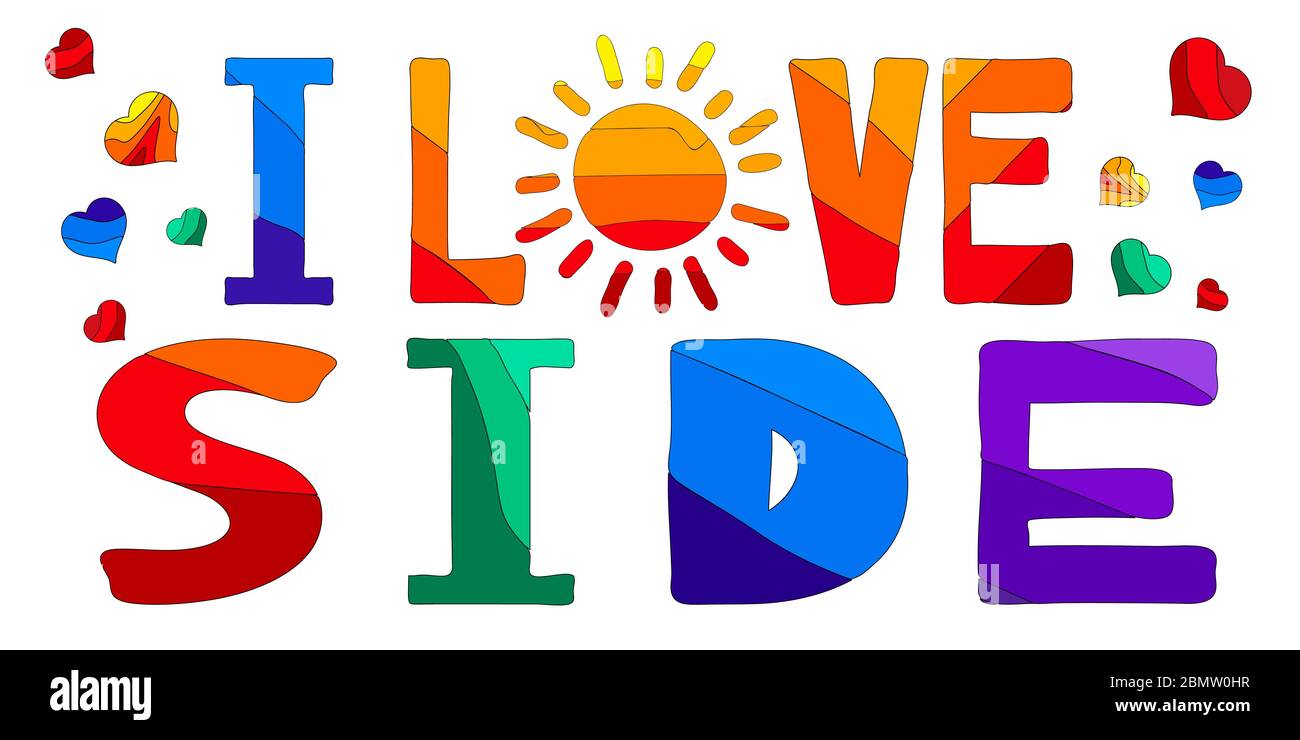 I love Side - cute multicolored funny inscription and hearts. Side is a city in Turkey. For banners, posters and prints on clothing (T-shirts). Stock Vector