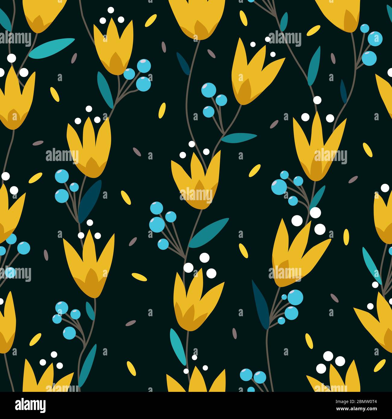 Seamless floral pattern. Modern pattern with yellow flowers, blue ...