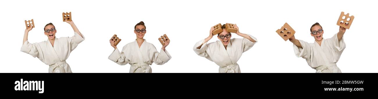 The funny woman in kimono with brick on white Stock Photo