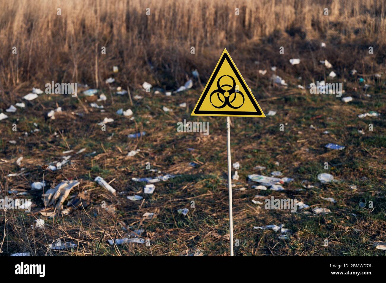 Yellow triangle with biological hazard sign warning about harmful biological substances and danger on abandoned territory with trash. Concept of ecology, environmental pollution and danger. Stock Photo