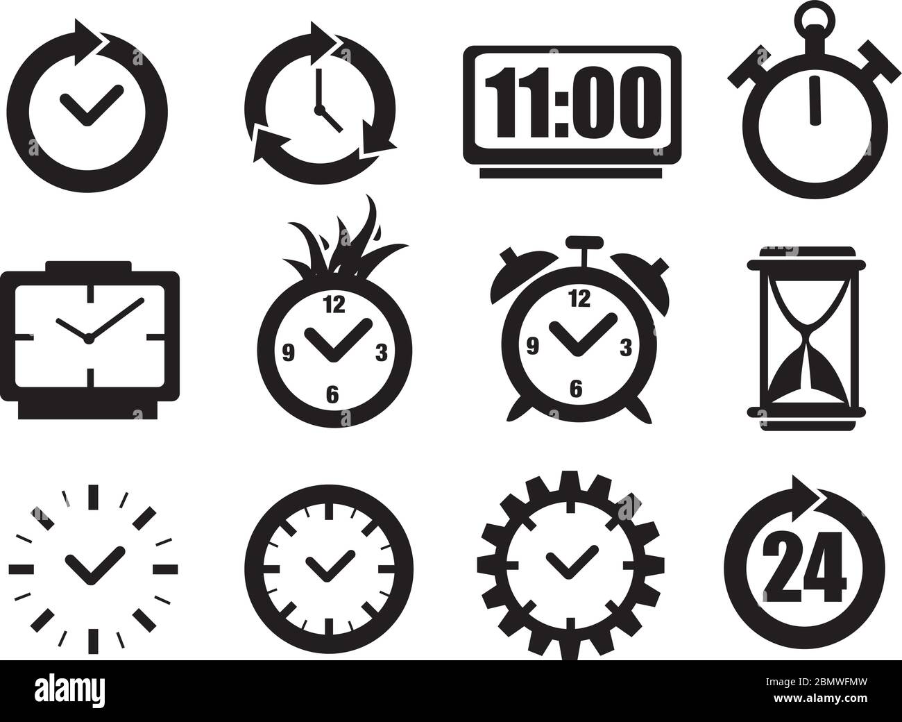 Set of vector illustration of clocks in black and white for time