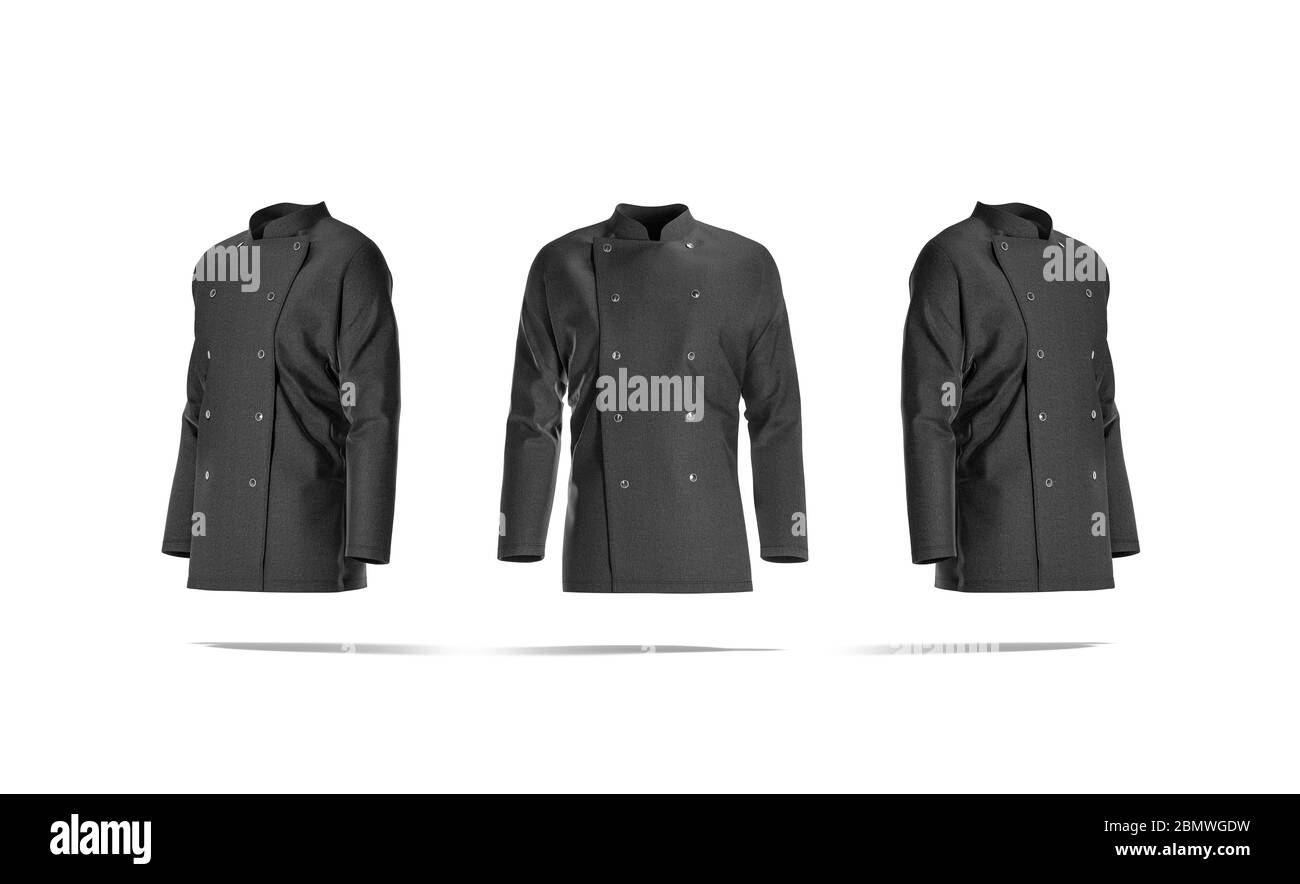 Blank black chef jacket with buttons mockup, front and side Stock Photo ...