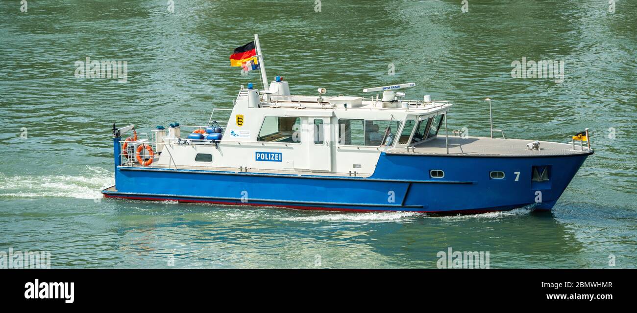 Kehl, Germany - May 9, 2020: Polizei Police surveillance boat from La Compagnie Fluviale franco-allemande French German squadron patrool Stock Photo