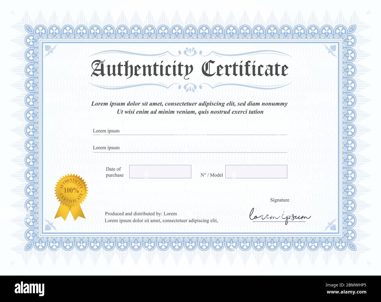 Certificate of authenticity, vector illustration with watermark and stamp. A5 format, blue colour Stock Vector