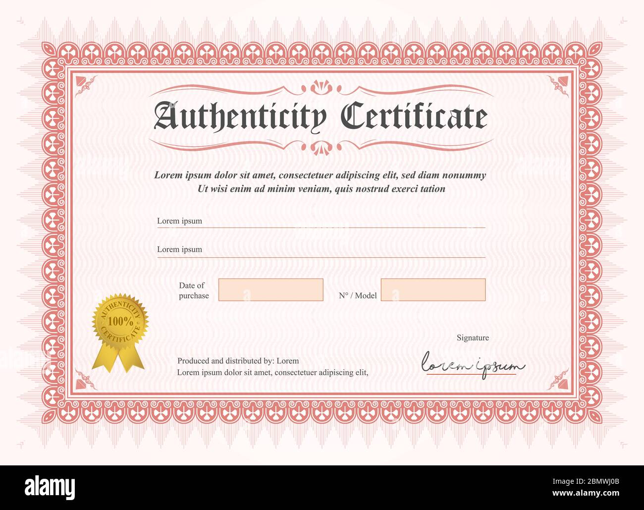Certificate of authenticity, vector illustration with watermark and stamp. A5 format Stock Vector