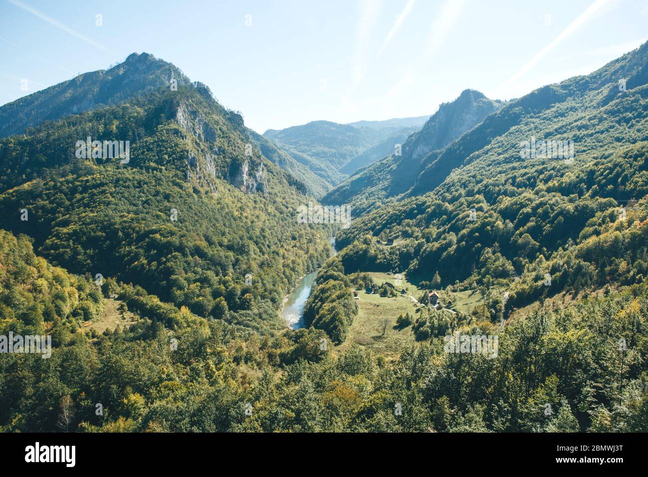 Beautiful view of the natural landscape in Montenegro. View of the mountains, forest and river in the canyon of the Tara River in northern Montenegro. Stock Photo