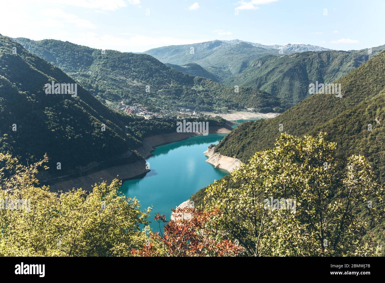 Beautiful view of the natural landscape in Montenegro. Piva reservoir with turquoise water. Stock Photo
