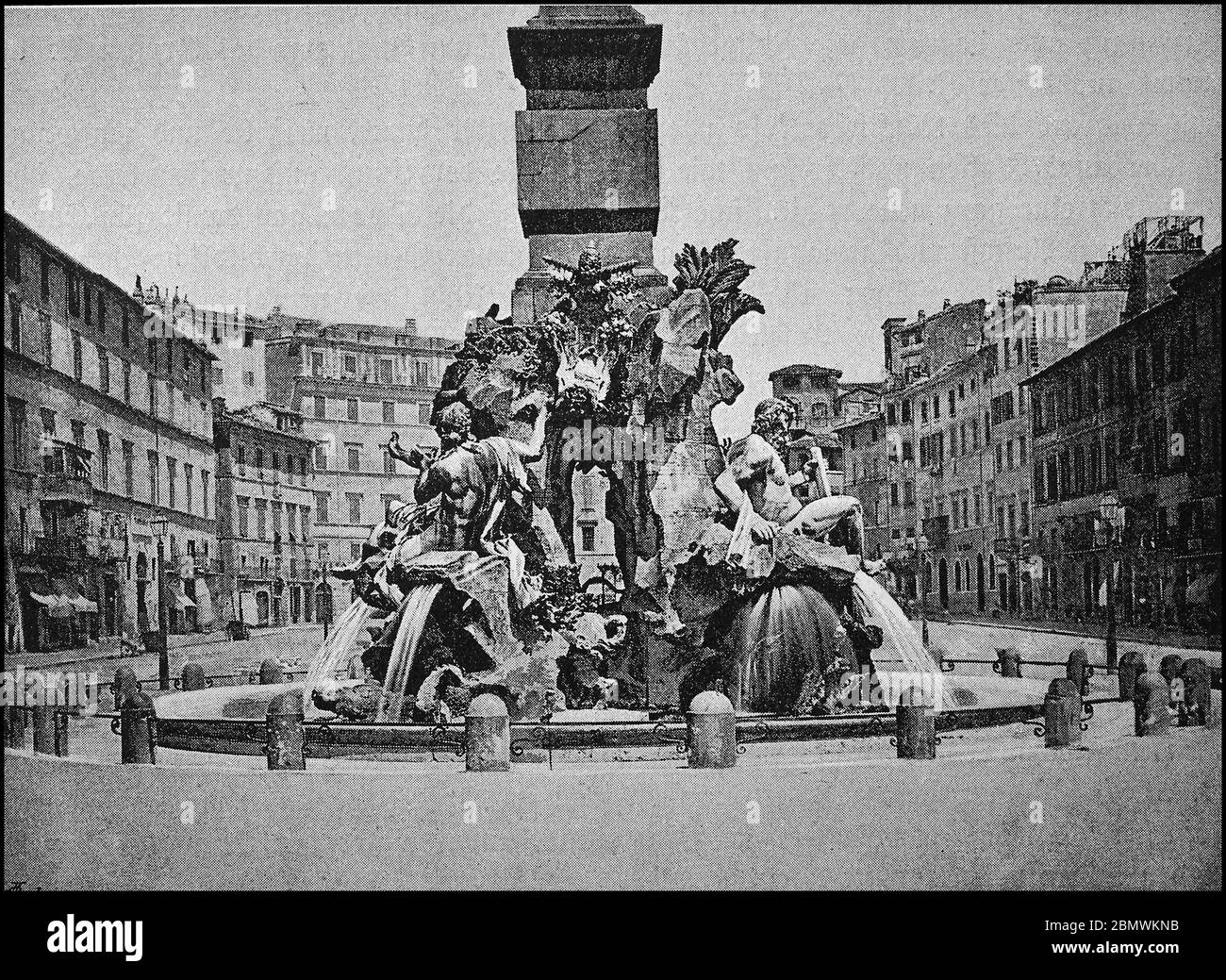 The Four Rivers Fountain, Fontana dei Quattro Fiumi, was commissioned by Pope Innocent X commissioned and built by Gian Lorenzo Bernini in the years 1648-1651 in the center of Piazza Navona in Rome, Italy, photo from 1880  /  Der Vierströmebrunnen, Fontana dei Quattro Fiumi, wurde von Papst Innozenz X. in Auftrag gegeben und von Gian Lorenzo Bernini in den Jahren 1648–1651 in der Mitte der Piazza Navona in Rom erbaut, Italien, Foto aus 1880, Historisch, historical, digital improved reproduction of an original from the 19th century / digitale Reproduktion einer Originalvorlage aus dem 19. Jahrh Stock Photo