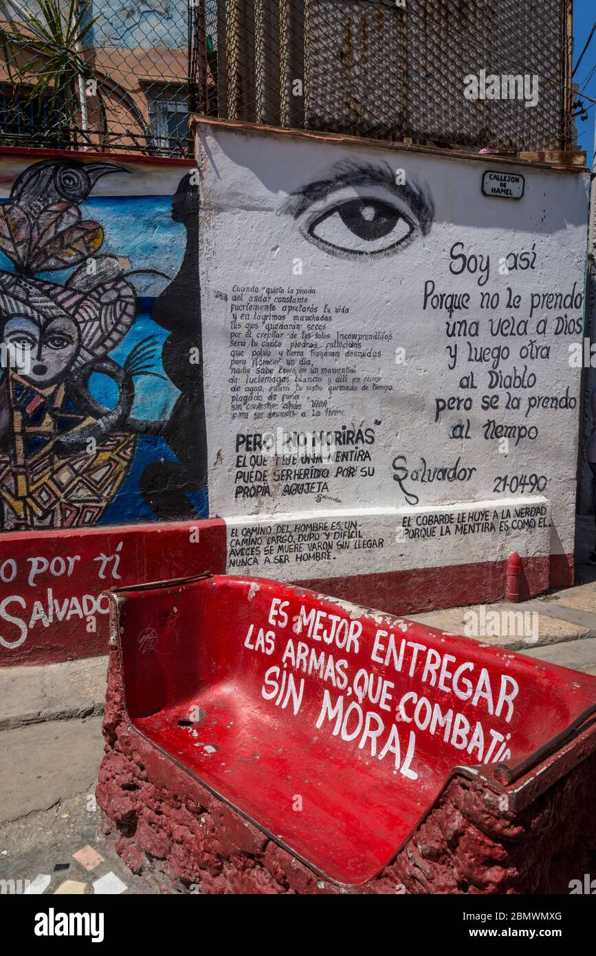 Callejon de Hamel is a narrow alley filled with lively colourful murals and sculptures founded by a self-taught artist Salvador Gonzáles Escalona that Stock Photo