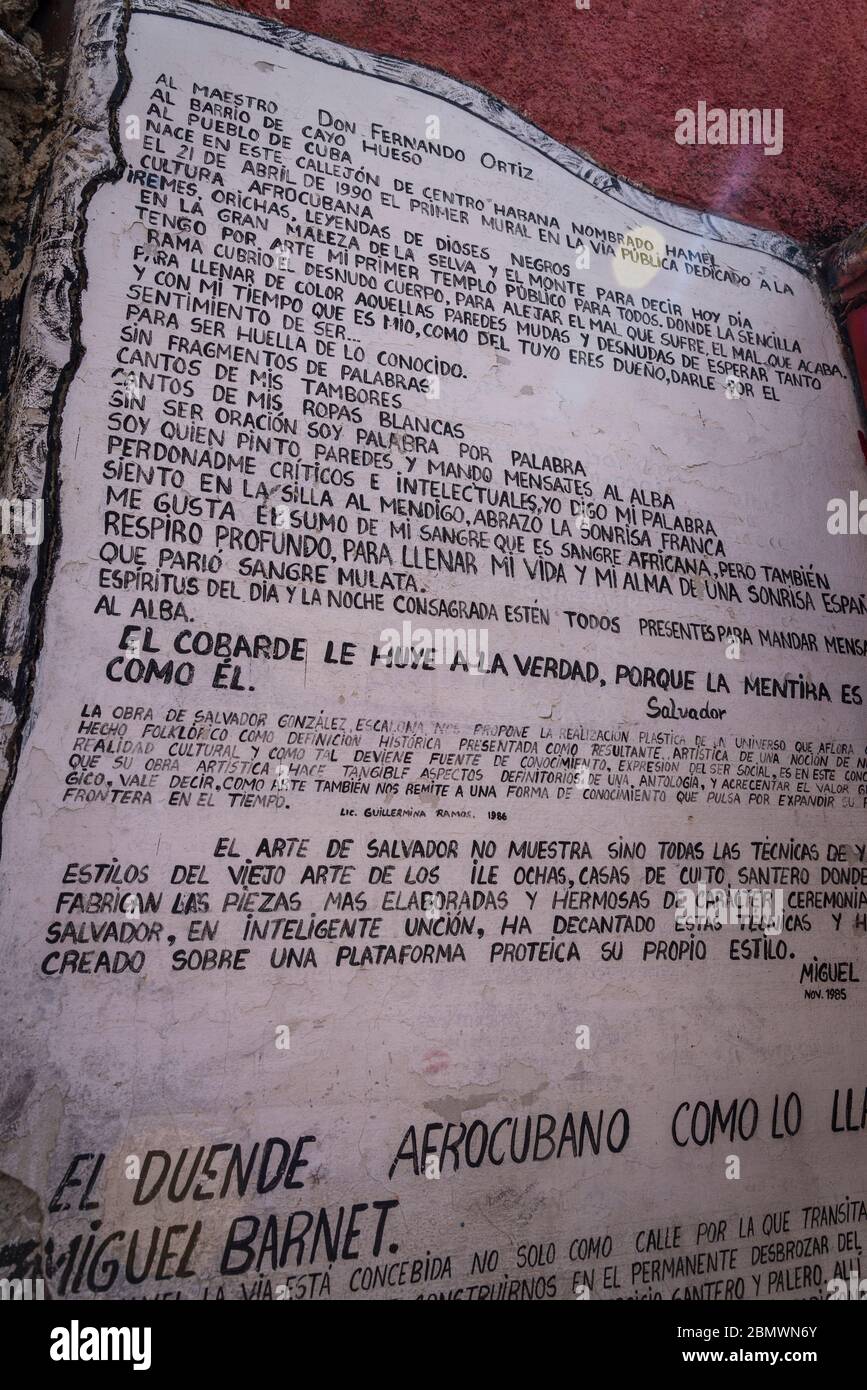 Callejon de Hamel is a narrow alley filled with lively colourful murals and sculptures founded by a self-taught artist Salvador Gonzáles Escalona that Stock Photo