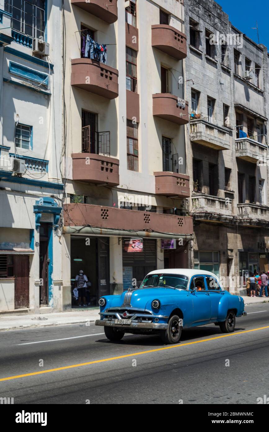 Classic car driving down San Lazaro Street, Havana Centro district, Havana, Cuba Stock Photo