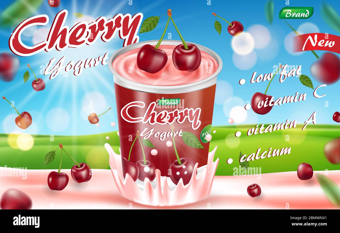 Cherry yogurt isolated on sunny green bokeh background. Food container package ad. Realistic ripe cherry Vector illustration for your design Stock Vector