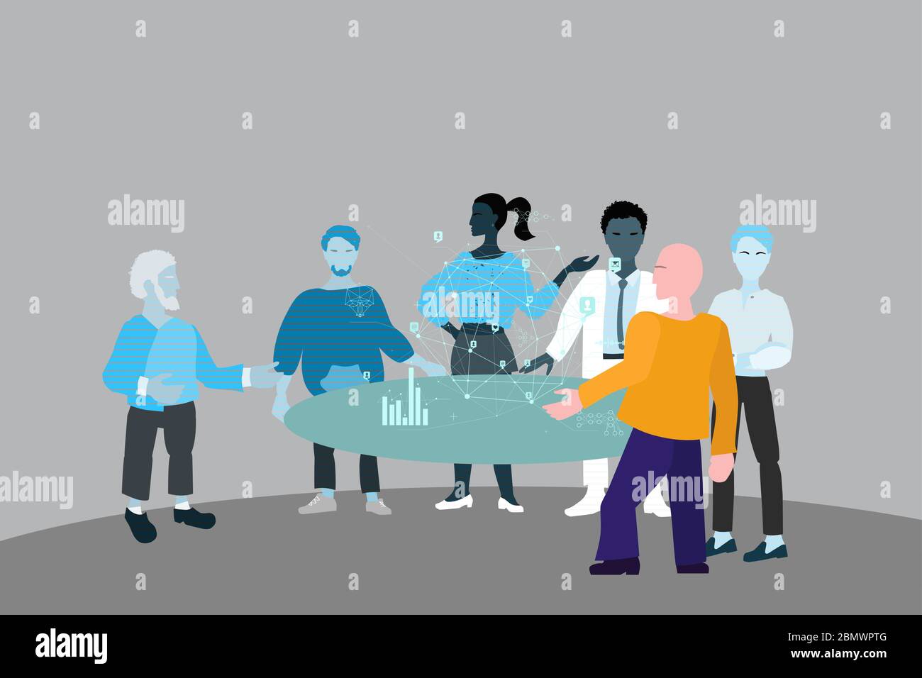 Online briefing and live conference. Workflow remotely, a group of people stands near a table in the form of holograms and discusses the project. Stock Vector