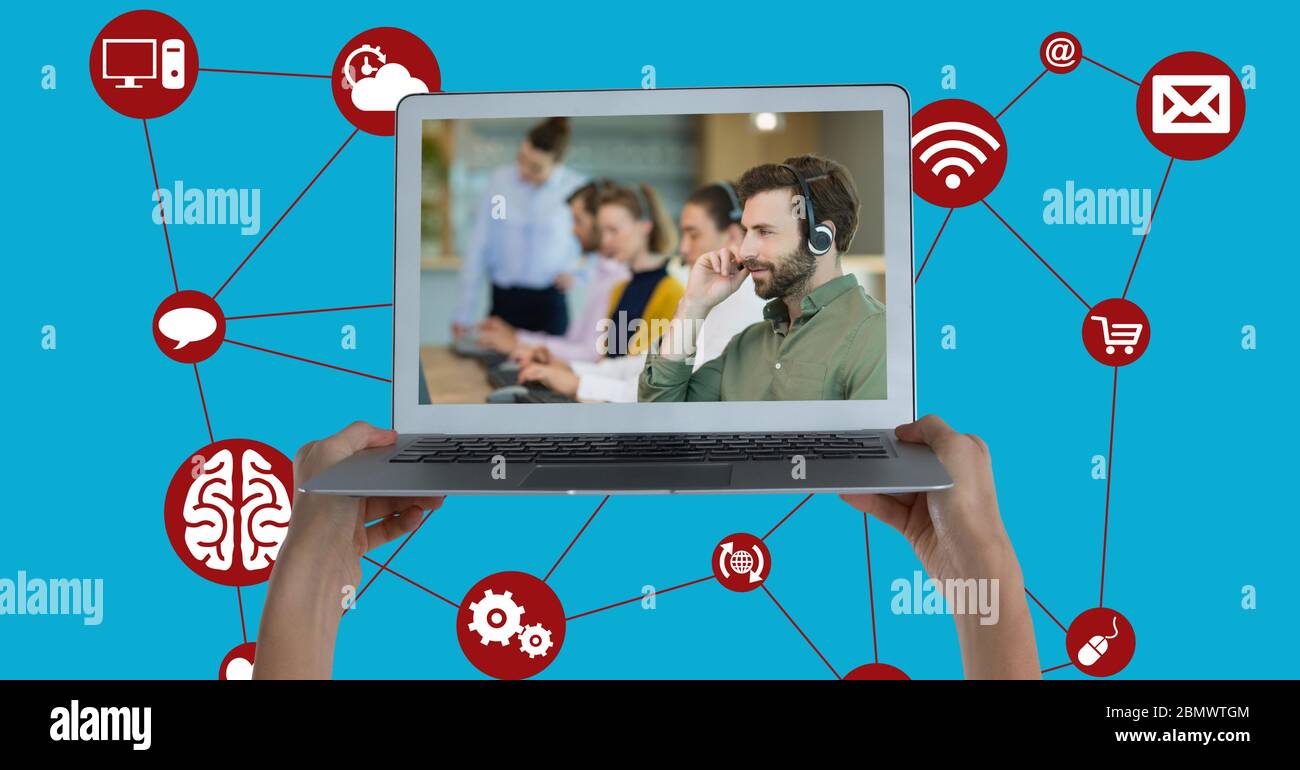 People working on laptop screen Stock Photo