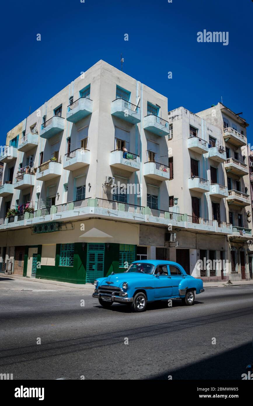 Classic car driving down San Lazaro Street, Havana Centro district, Havana, Cuba Stock Photo